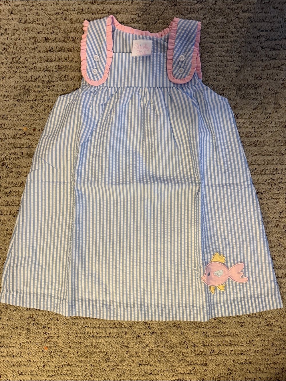 Seersucker Pink Trim Fish Appliqué Girls Casual Dress